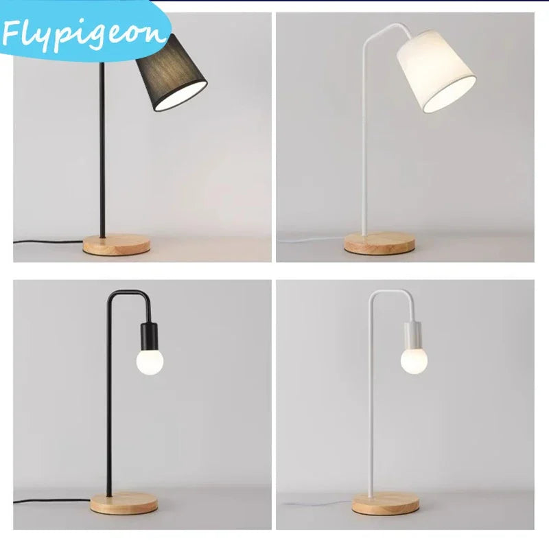 Nordic E27 LED Wooden Desk Lamps Vintage Black White Iron Table Lights Rod Countryside Style Bedside Reading Table Lighting