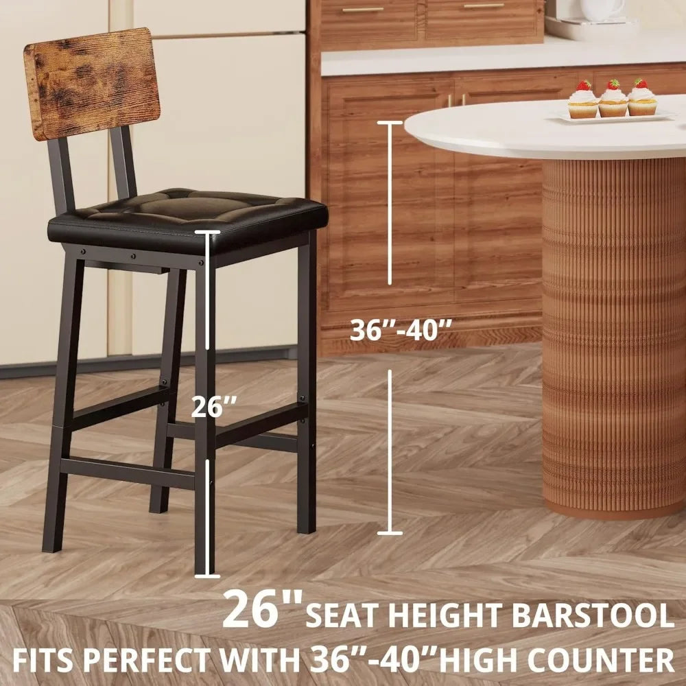 Bar Stools Set of 2,PU Upholstered Barstools with Back and Footrest, Thick Cushion Stools for Kitchen Island