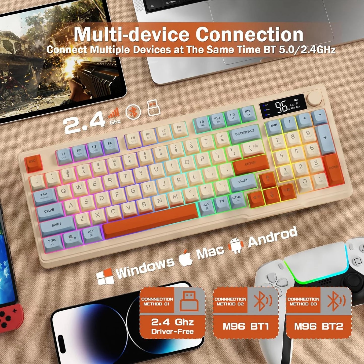 ZIYOU LANG M96 96% Membrane Wireless Gaming Keyboard BT/2.4G Silent Rainbow LED