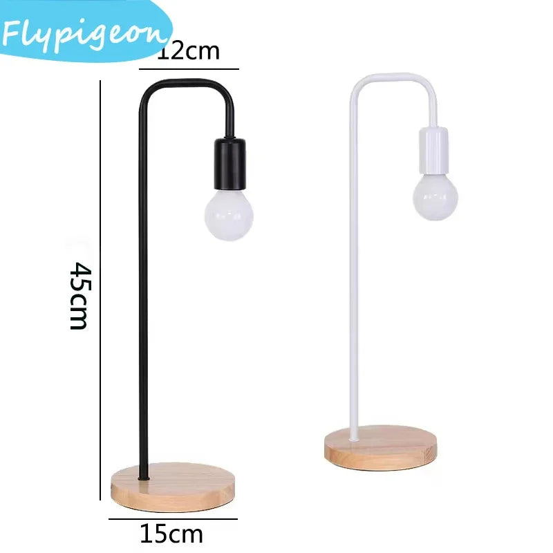 Nordic E27 LED Wooden Desk Lamps Vintage Black White Iron Table Lights Rod Countryside Style Bedside Reading Table Lighting