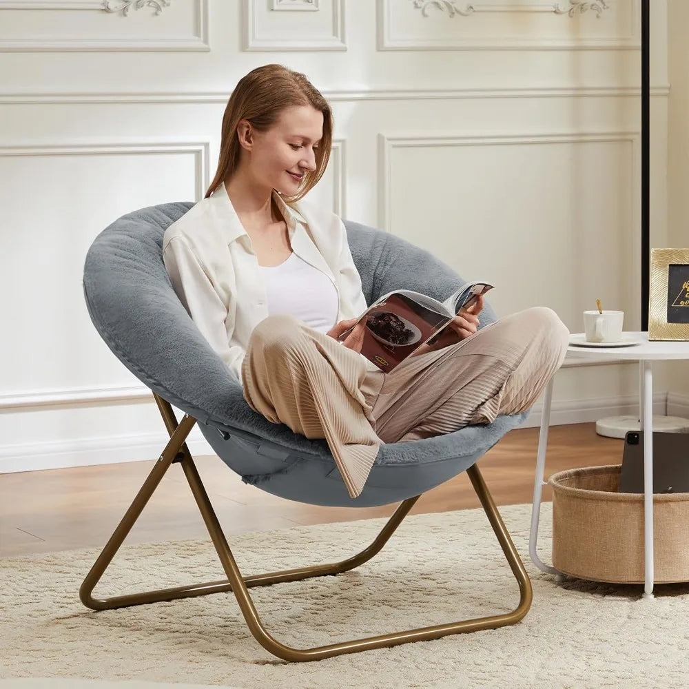 Living Room Chair, Faux Fur Soft Lounge Cute Folding Bedroom Seat for Adults Thick Padded Metal Frame, Living Room Chair