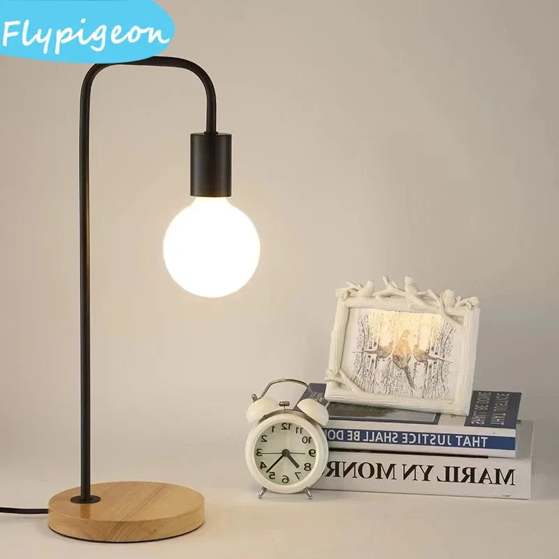 Nordic E27 LED Wooden Desk Lamps Vintage Black White Iron Table Lights Rod Countryside Style Bedside Reading Table Lighting