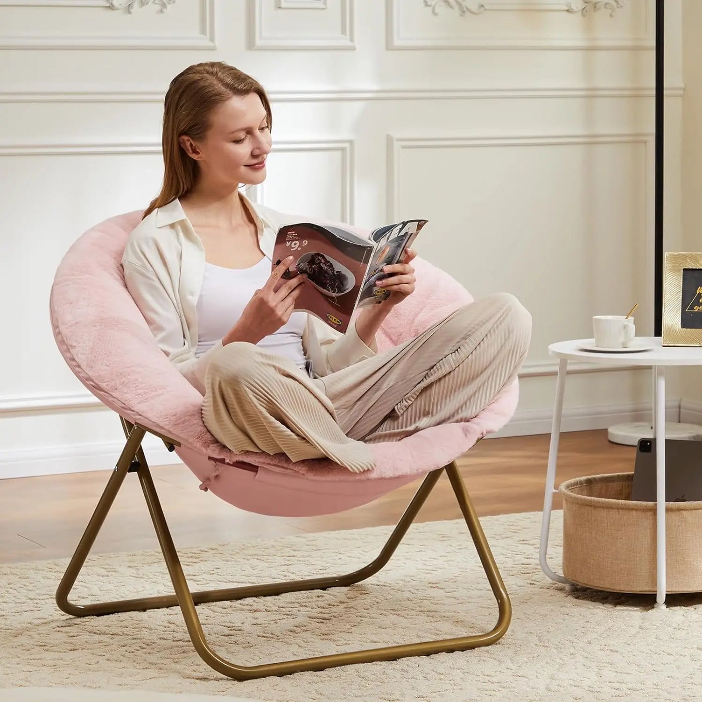 Living Room Chair, Faux Fur Soft Lounge Cute Folding Bedroom Seat for Adults Thick Padded Metal Frame, Living Room Chair