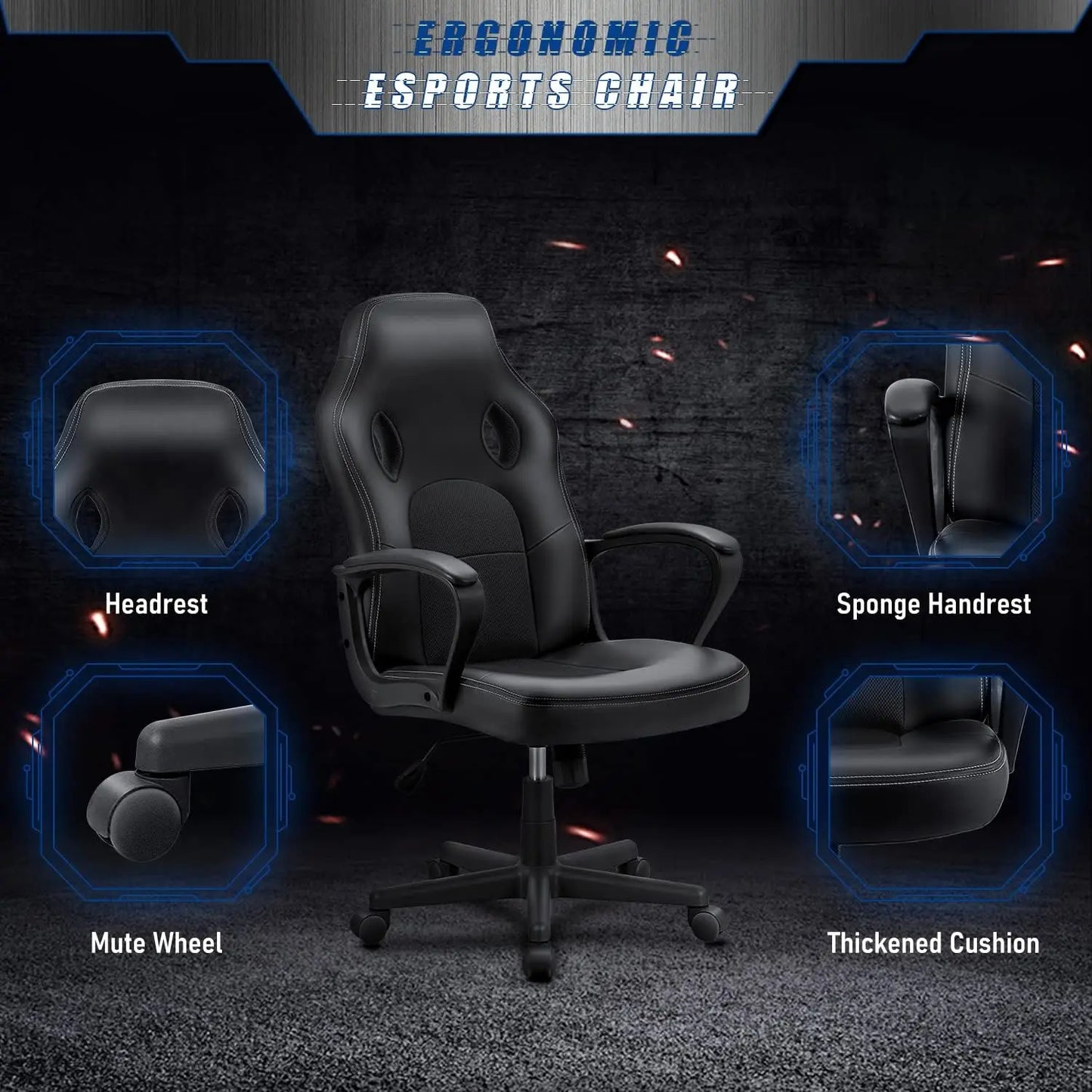 High Back Leather Gaming Chair, 300Lbs, Swivel Task Chair With Arms (Black)