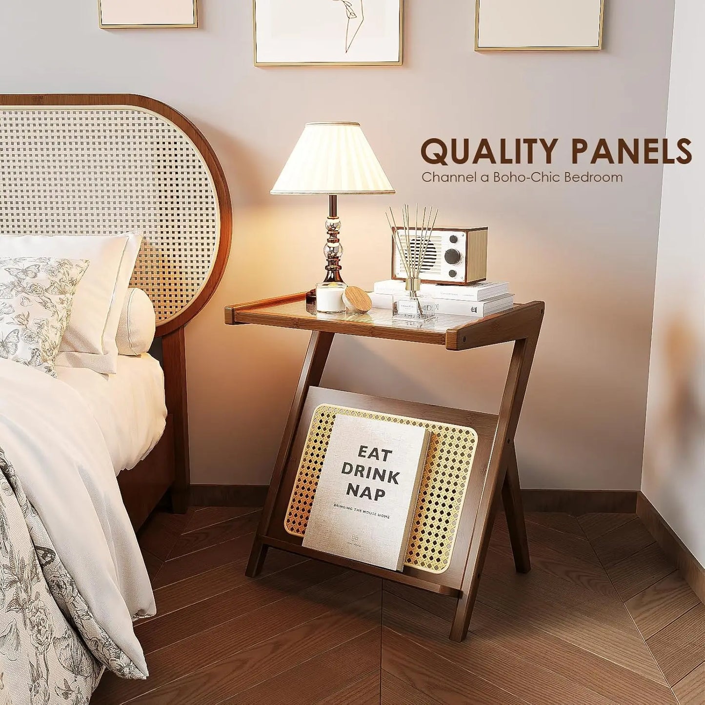 Bamworld Rattan Side Table Boho NightStand Mid Century Modern End Table Glass Bedside Table Small End Tables Bamboo Coffee Table