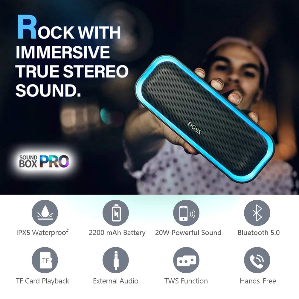 DOSS Wireless Speaker Bluetooth 5.0 Powerful 20W Stereo Enhanced Bass Sound Box Waterproof Multiple Color Light Portable Speaker