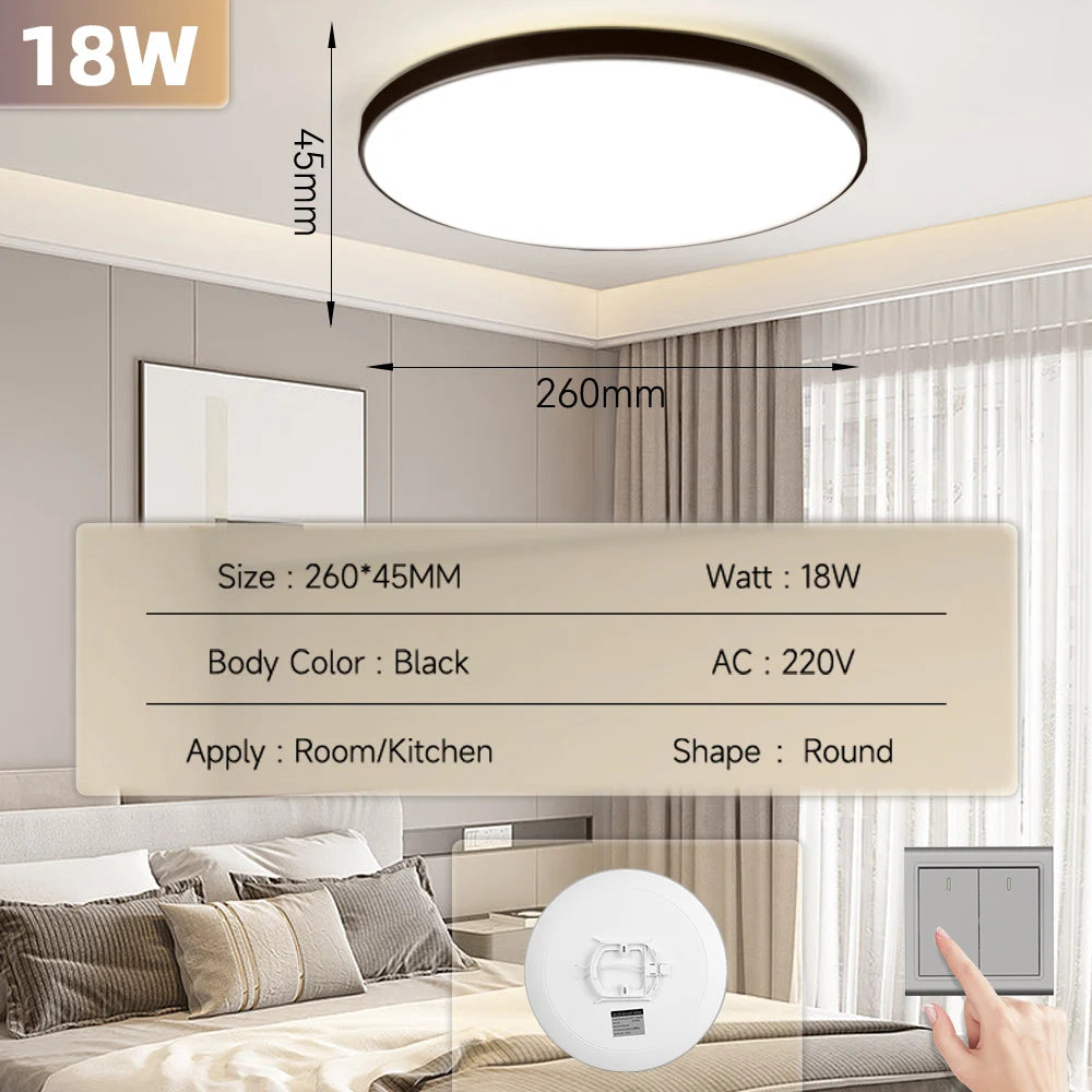 Black Led Ceiling Lamp 220V Dustproof Ceiling Panel Lamp Indoor Bathroom Lamp for Living Room Decor Ultra-thin LED Ceiling Light