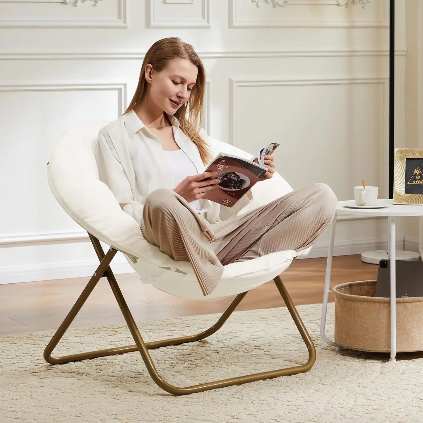 Living Room Chair, Faux Fur Soft Lounge Cute Folding Bedroom Seat for Adults Thick Padded Metal Frame, Living Room Chair