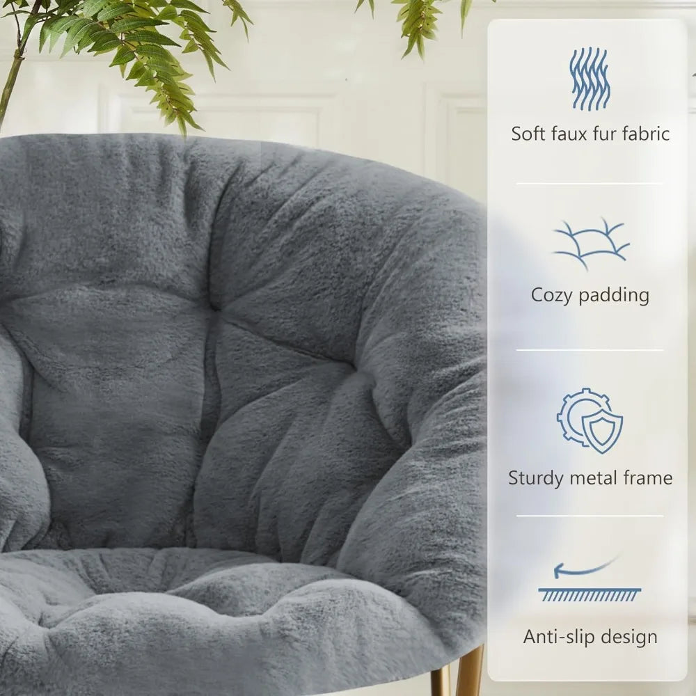 Living Room Chair, Faux Fur Soft Lounge Cute Folding Bedroom Seat for Adults Thick Padded Metal Frame, Living Room Chair