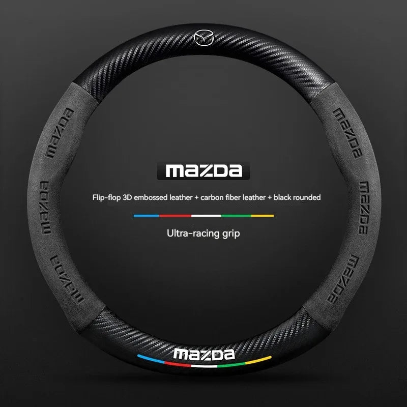 For Mazda 3 5 6 SKYACTIV Axela Atenza CX30 CX5 CX8 CX9 MX5 RX8 RX7 BT50 Carbon fiber Suede Car Steering Wheel Cover Accessories