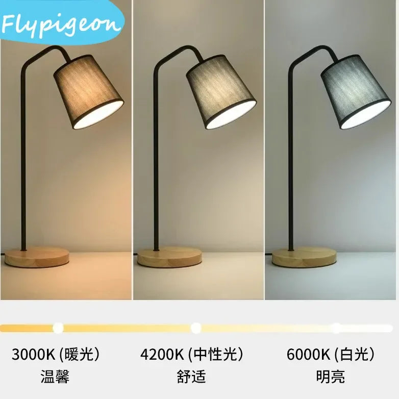 Nordic E27 LED Wooden Desk Lamps Vintage Black White Iron Table Lights Rod Countryside Style Bedside Reading Table Lighting