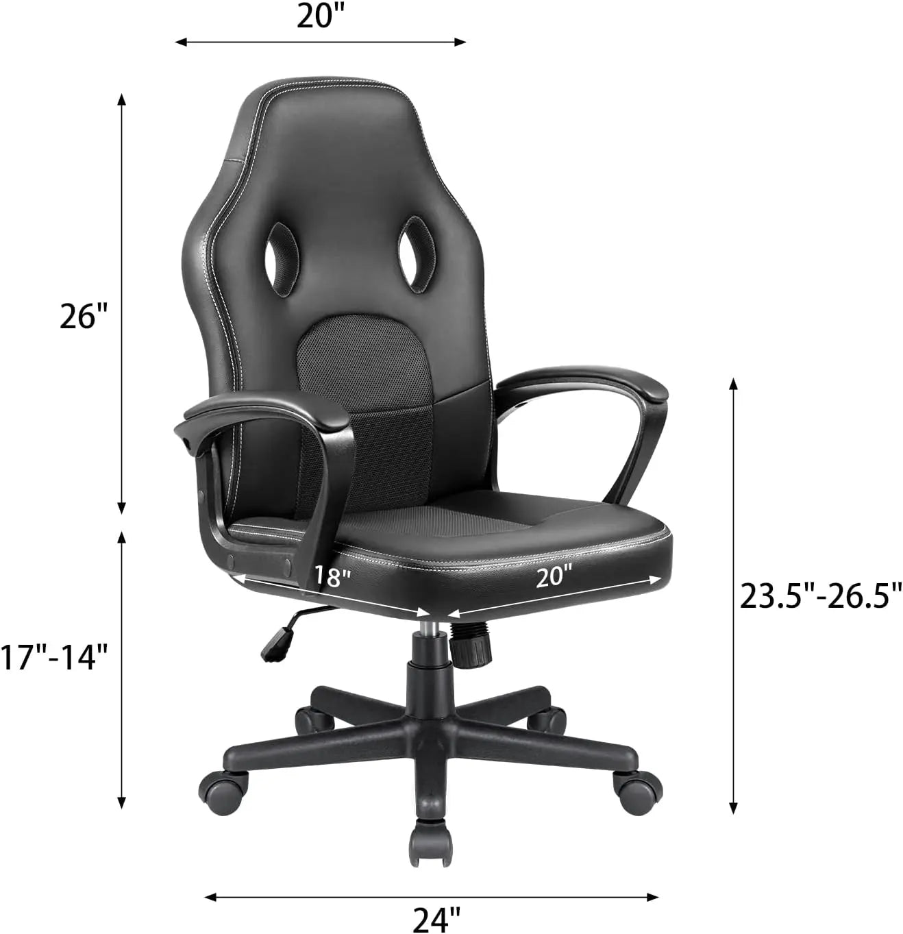 High Back Leather Gaming Chair, 300Lbs, Swivel Task Chair With Arms (Black)