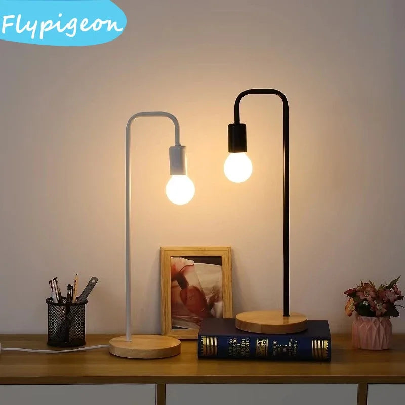 Nordic E27 LED Wooden Desk Lamps Vintage Black White Iron Table Lights Rod Countryside Style Bedside Reading Table Lighting
