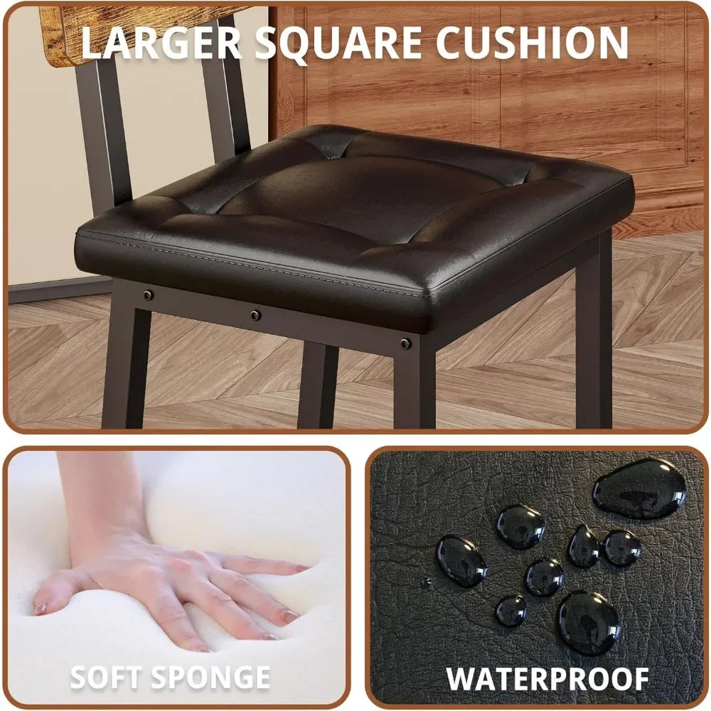 Bar Stools Set of 2,PU Upholstered Barstools with Back and Footrest, Thick Cushion Stools for Kitchen Island