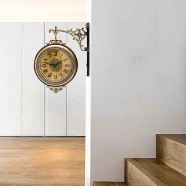 Double-Sided Vintage Wall Clock, 12" Silent Sweep Movement with 360° Rotating Design for Living Room & Office (Brown/Gold)