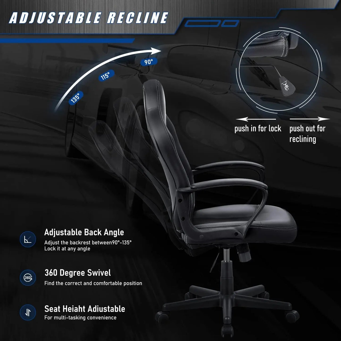 High Back Leather Gaming Chair, 300Lbs, Swivel Task Chair With Arms (Black)