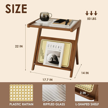 Bamworld Rattan Side Table Boho NightStand Mid Century Modern End Table Glass Bedside Table Small End Tables Bamboo Coffee Table