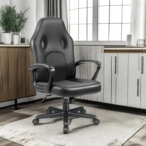 High Back Leather Gaming Chair, 300Lbs, Swivel Task Chair With Arms (Black)