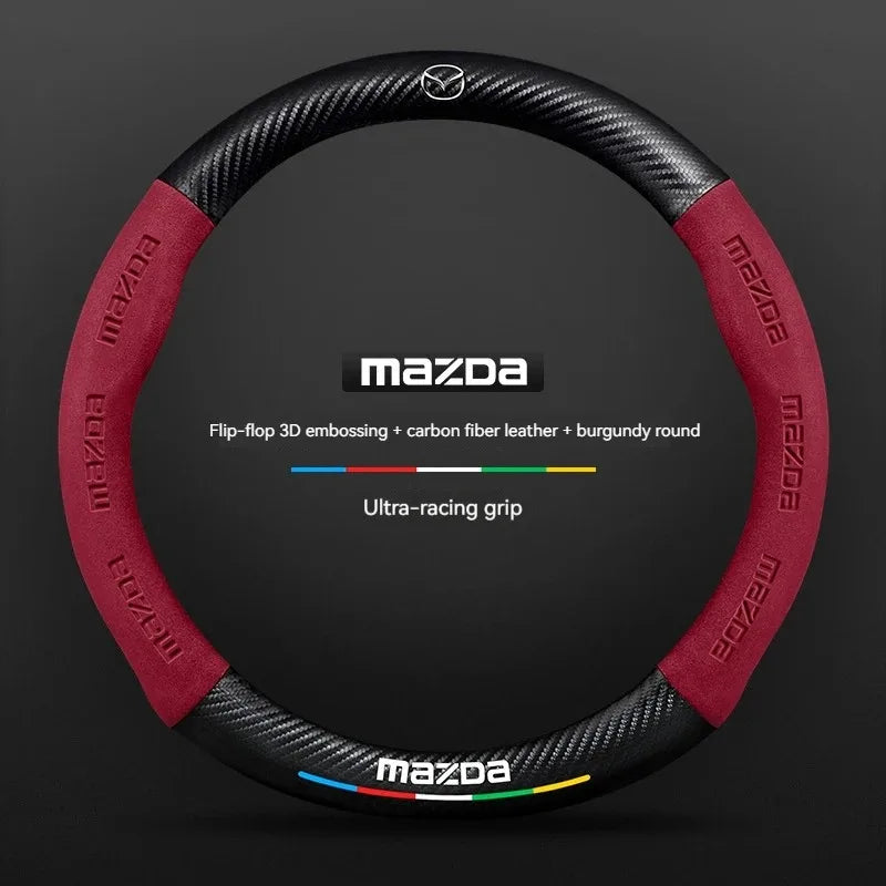 For Mazda 3 5 6 SKYACTIV Axela Atenza CX30 CX5 CX8 CX9 MX5 RX8 RX7 BT50 Carbon fiber Suede Car Steering Wheel Cover Accessories
