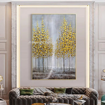 Arthyx,Abstract Texture 3D Gold Tree Landscape Oil Paintings on Canvas,Handmade Wall Art Picture For Living Room Home Decoration