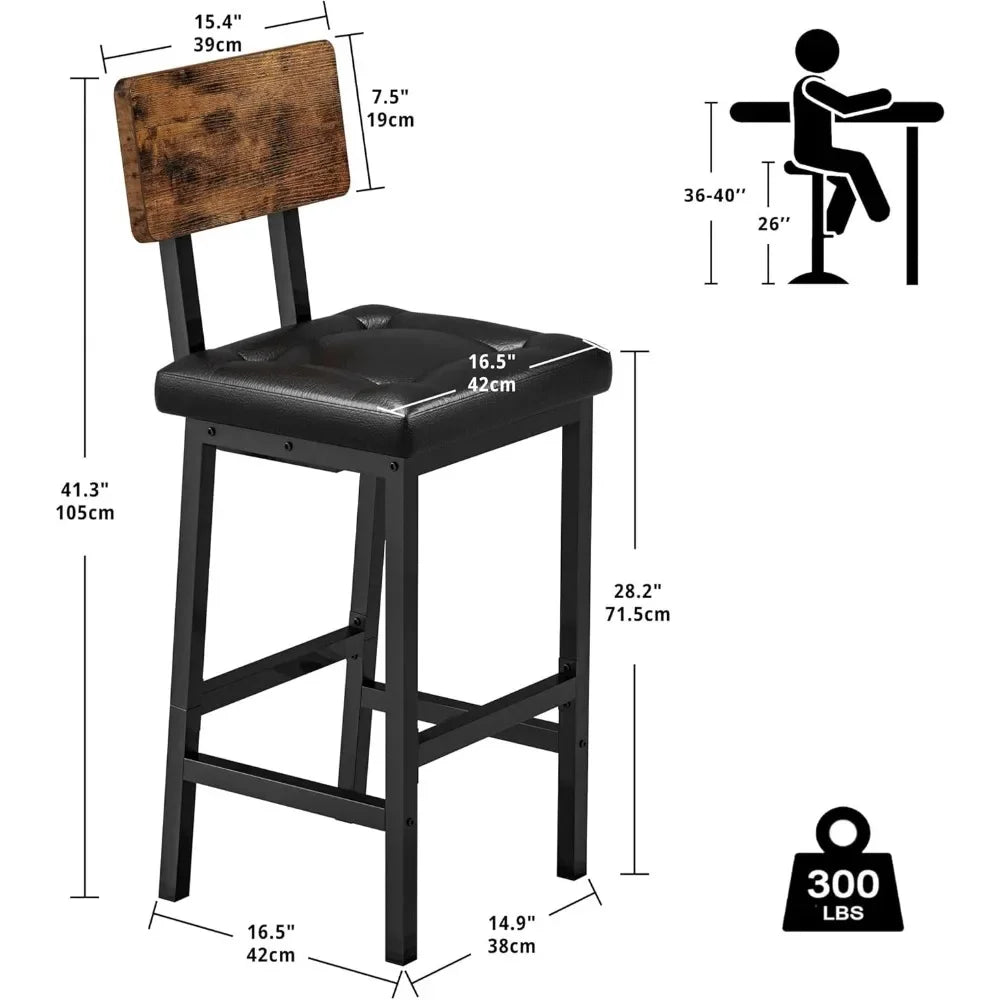 Bar Stools Set of 2,PU Upholstered Barstools with Back and Footrest, Thick Cushion Stools for Kitchen Island