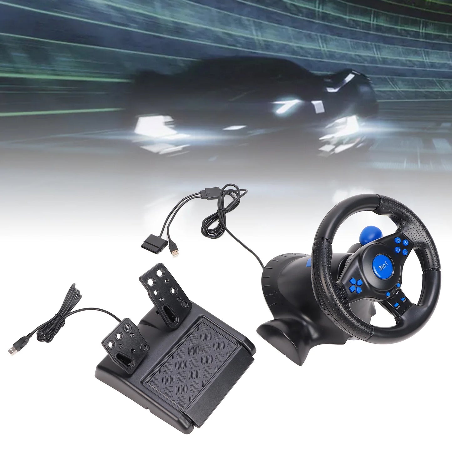 Racing Wheel PC Gaming Racing Wheel 2 Axes 180 Degree Rotation Supports Vibration Multifunctional for PS2