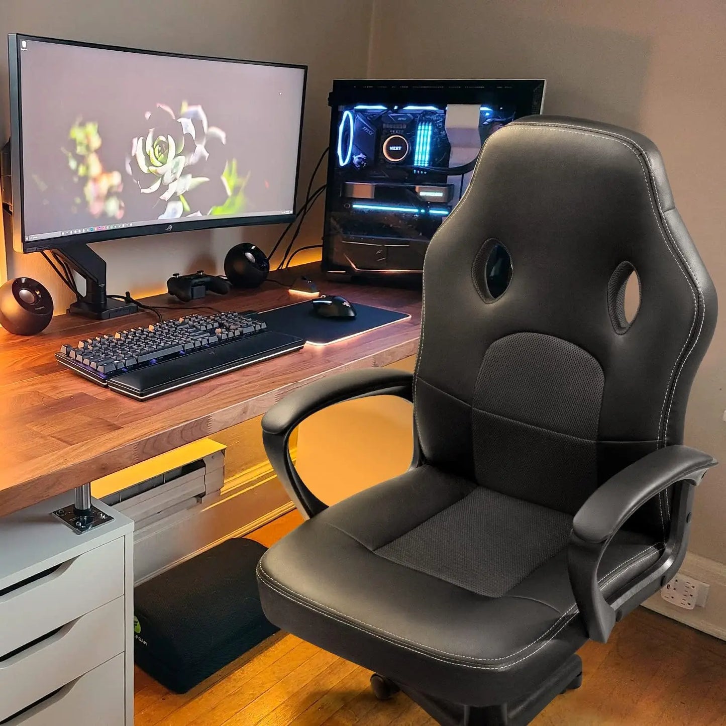 High Back Leather Gaming Chair, 300Lbs, Swivel Task Chair With Arms (Black)