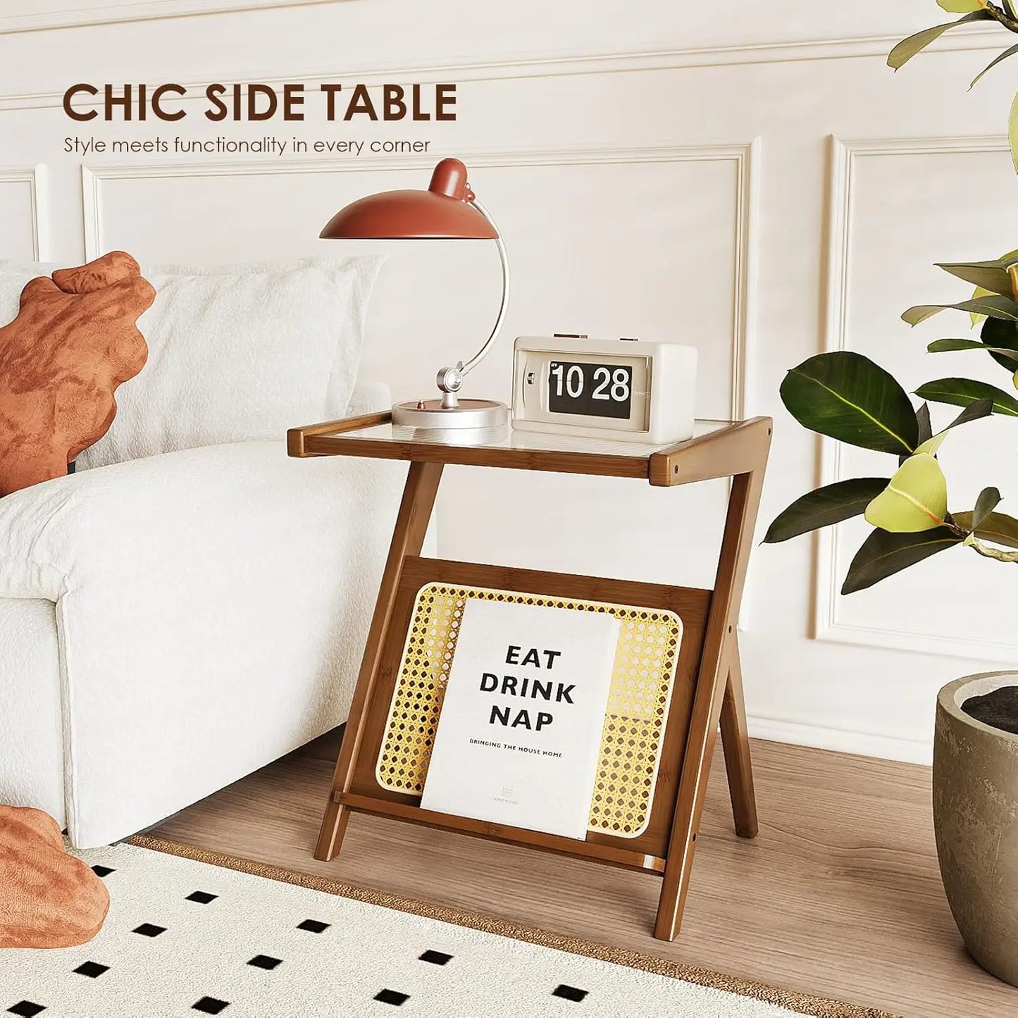 Bamworld Rattan Side Table Boho NightStand Mid Century Modern End Table Glass Bedside Table Small End Tables Bamboo Coffee Table