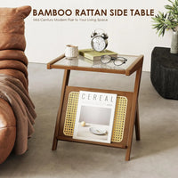 Bamworld Rattan Side Table Boho NightStand Mid Century Modern End Table Glass Bedside Table Small End Tables Bamboo Coffee Table