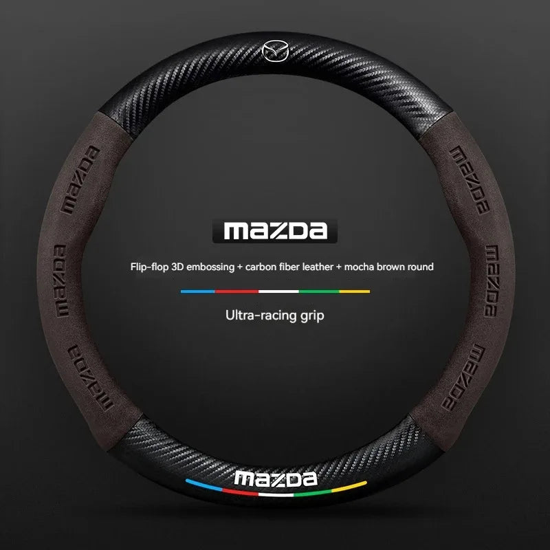 For Mazda 3 5 6 SKYACTIV Axela Atenza CX30 CX5 CX8 CX9 MX5 RX8 RX7 BT50 Carbon fiber Suede Car Steering Wheel Cover Accessories