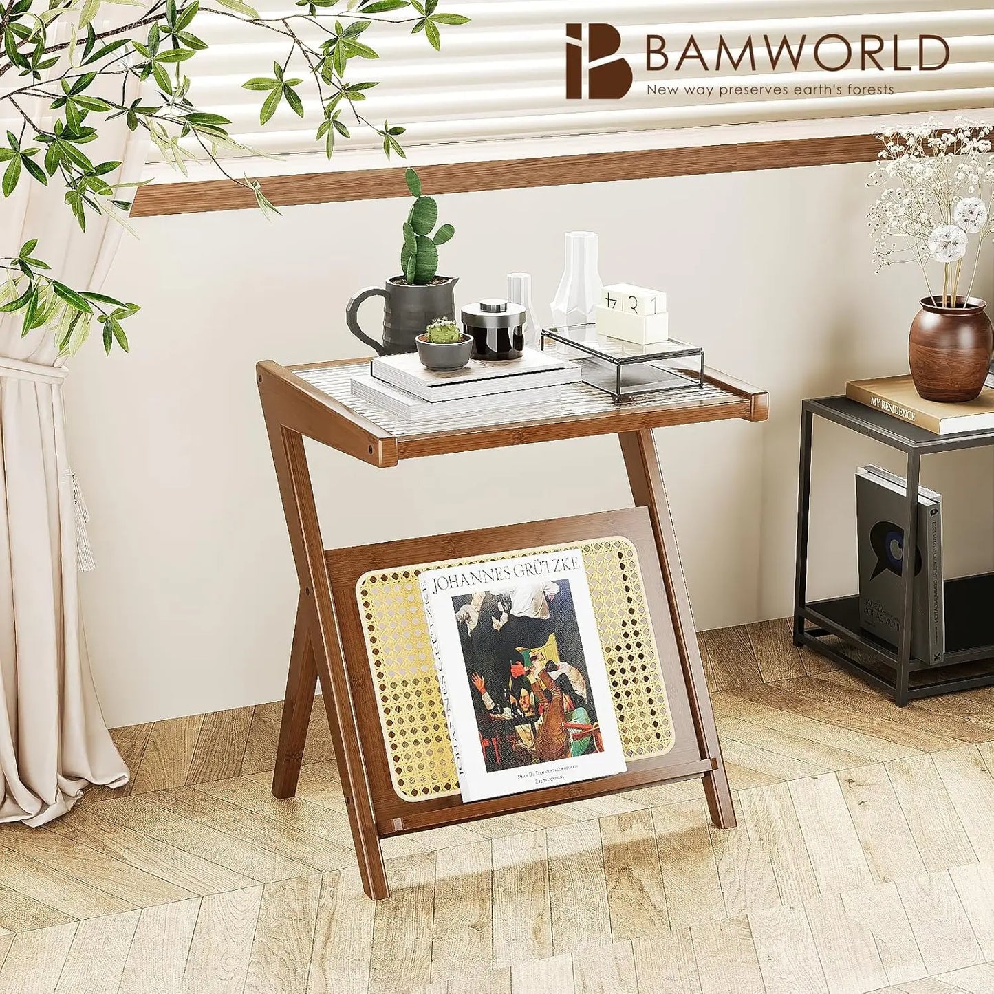 Bamworld Rattan Side Table Boho NightStand Mid Century Modern End Table Glass Bedside Table Small End Tables Bamboo Coffee Table