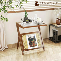 Bamworld Rattan Side Table Boho NightStand Mid Century Modern End Table Glass Bedside Table Small End Tables Bamboo Coffee Table